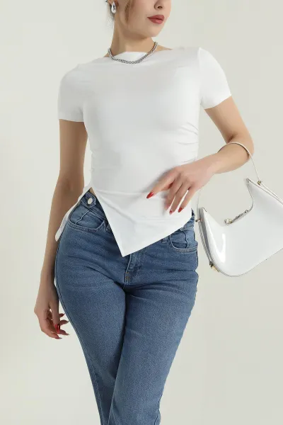 Ekru Yanı Büzgülü Yırtmaçlı Oysho Kadın Bluz 427833
