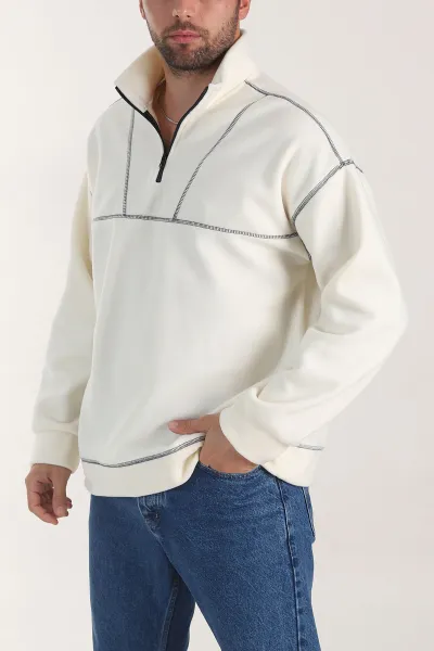 Ekru Yarım Fermuarlı Dik Yaka Dikiş Detaylı Polar Kumaş Erkek Sweatshirt 404324