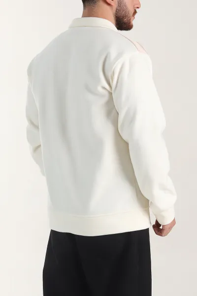 Ekru Yarım Fermuarlı Nakış Detaylı Dik Yaka Polar Kumaş Erkek Sweatshirt 404240