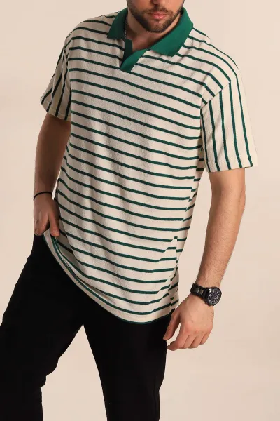 Ekru Yeşil Çizgili Relaxed Fit Polo Yaka Erkek Triko Tişört 269192