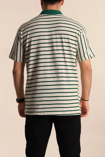 Ekru Yeşil Çizgili Relaxed Fit Polo Yaka Erkek Triko Tişört 269192
