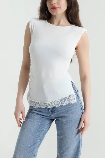 Ekru Yırtmaçlı Büzgülü Vatkalı Dantelli Viskon Kadın Bluz 451655