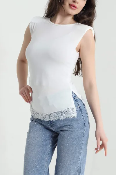 Ekru Yırtmaçlı Büzgülü Vatkalı Dantelli Viskon Kadın Bluz 451655