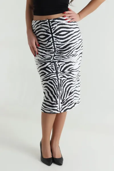 Ekru Zebra Desenli Fermuarlı Kadın Saten Etek 494257