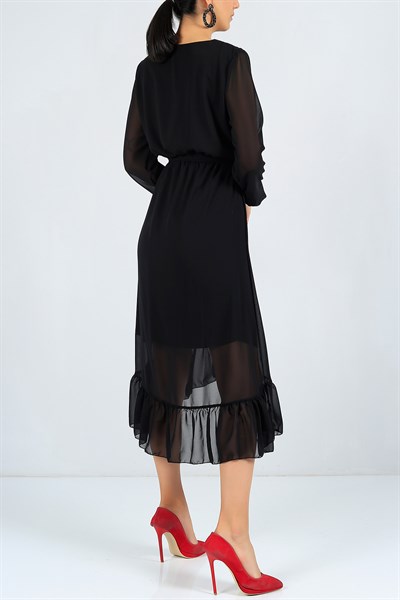 Eteği Fırfırlı Siyah Şifon Elbise 23475B