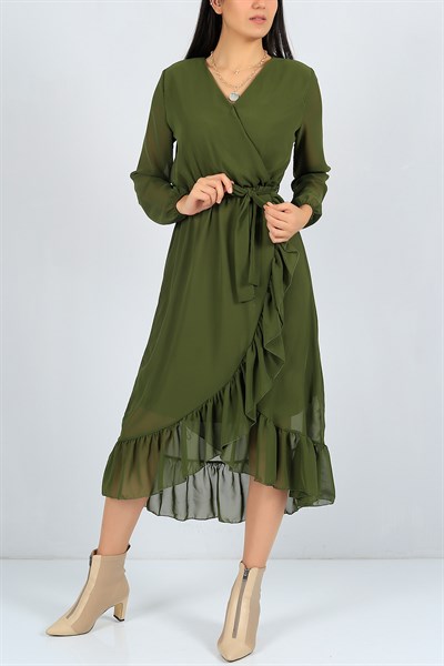 Eteği Fırfırlı Yeşil Şifon Elbise 23468B