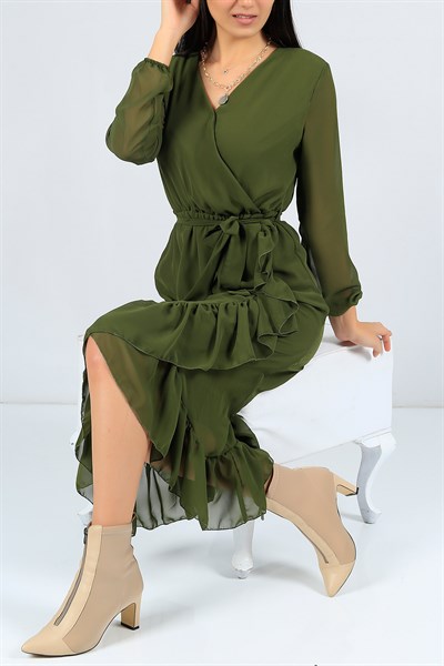Eteği Fırfırlı Yeşil Şifon Elbise 23468B