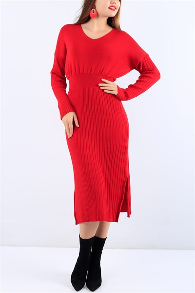 Eteği Fitilli Kırmızı Bayan Triko Elbise 19772B