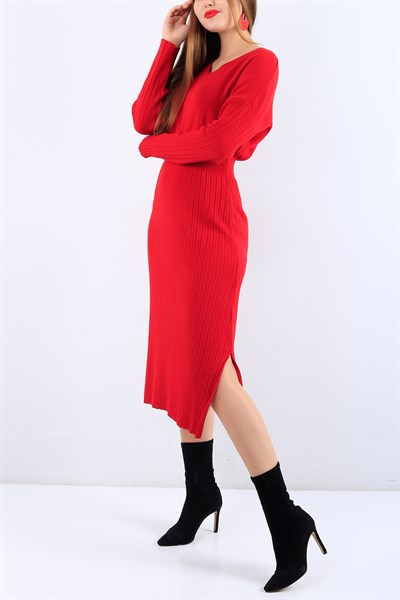 Eteği Fitilli Kırmızı Bayan Triko Elbise 19772B