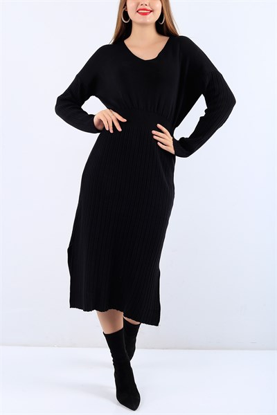 Eteği Fitilli Siyah Bayan Triko Elbise 19773B