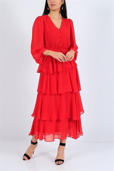 Eteği Katlı Kırmızı Şifon Elbise 26346B