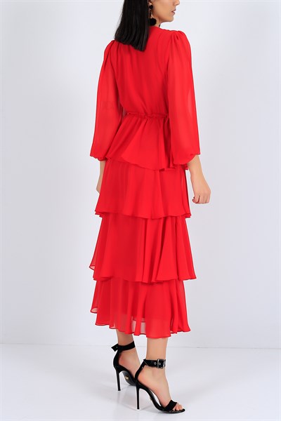 Eteği Katlı Kırmızı Şifon Elbise 26346B