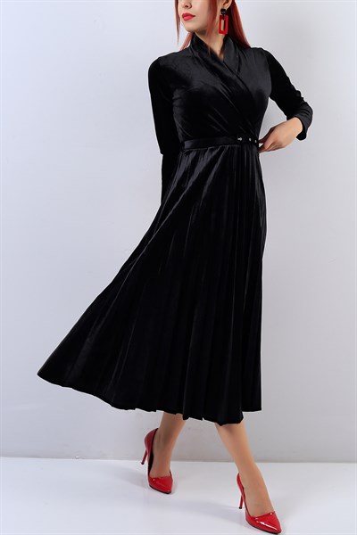 Eteği Pileli Kadife Siyah Elbise 18571B