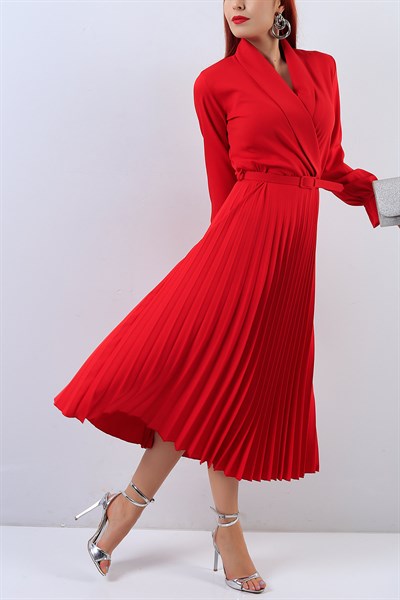 Eteği Pileli Kemerli Kırmızı Elbise 18490B