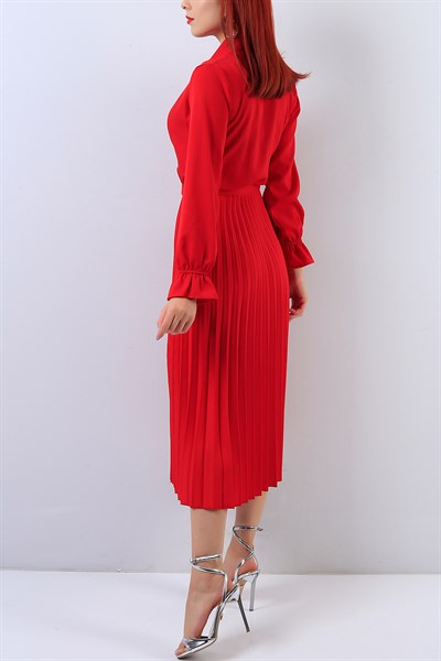 Eteği Pileli Kemerli Kırmızı Elbise 18490B
