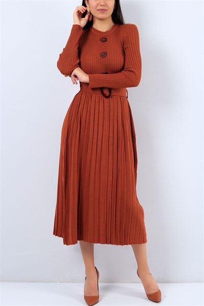 Eteği Pileli Kiremit Triko Elbise 19670B