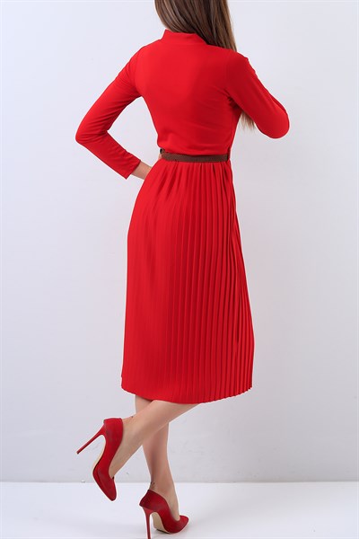Eteği Pileli Kırmızı Elbise 18130B