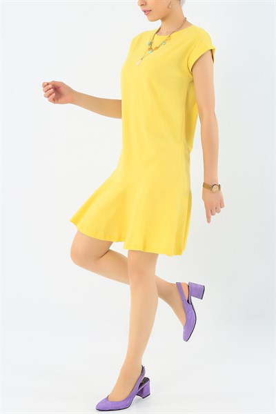 Eteği Pileli Sarı Likralı Elbise 34371