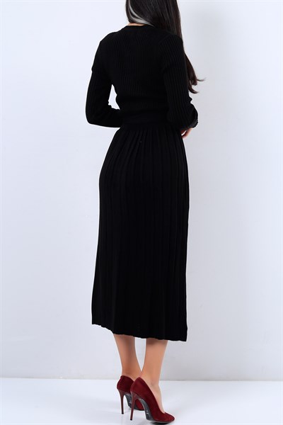 Eteği Pileli Siyah Triko Elbise 19671B