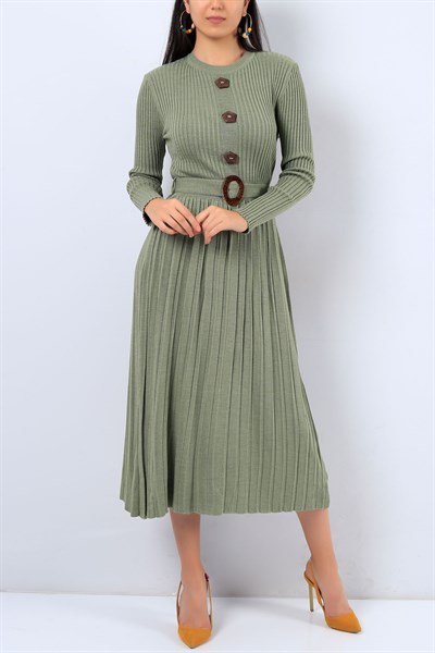 Eteği Pileli Yeşil Triko Elbise 19668B