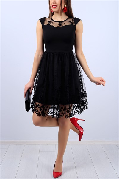 Eteği Tül Flok Desenli Siyah Bayan Elbise 11625B