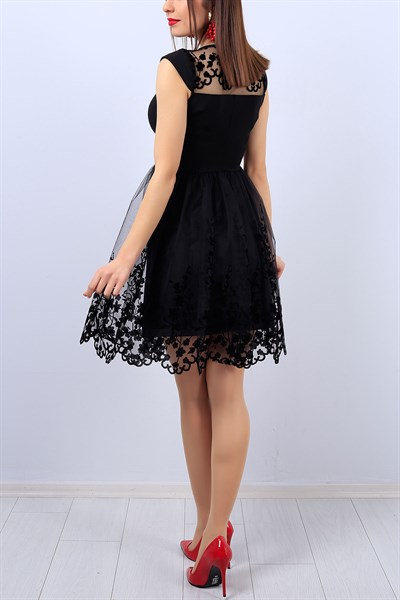 Eteği Tül Flok Desenli Siyah Bayan Elbise 11625B