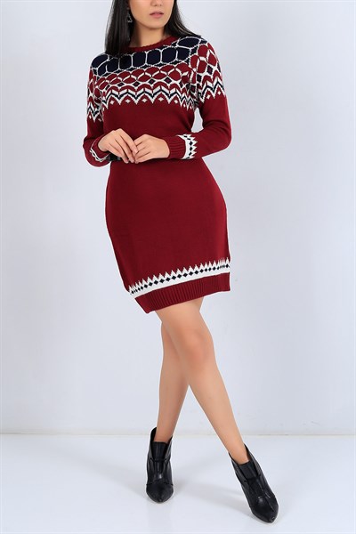 Etnik Desen Bordo Triko Tunik 25004B