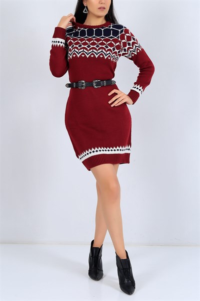 Etnik Desen Bordo Triko Tunik 25004B