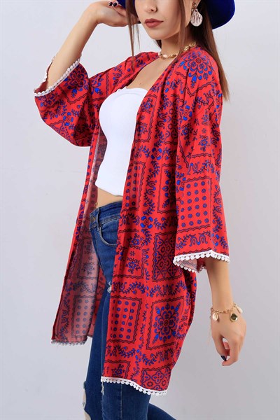 Etnik Desenli Kırmızı Bayan Kimono 16527B