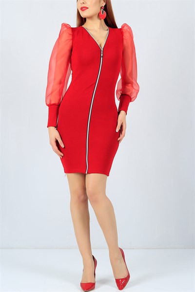 Fermuarlı Kırmızı Kolu Tüllü Triko Elbise 22879B