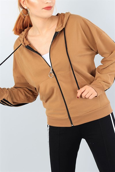 Fermuarlı Şeritli Taba Bayan Sweat 40741
