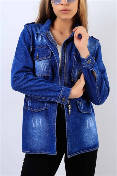 Fermuarlı Uzun Mavi Bayan Kot Ceket 19909B