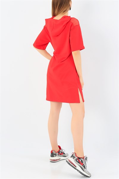 File Detay Kırmızı Kapüşonlu Elbise 36854