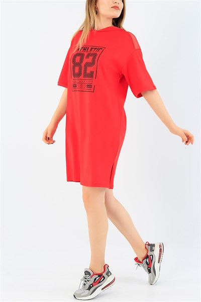 File Detay Kırmızı Kapüşonlu Elbise 36854