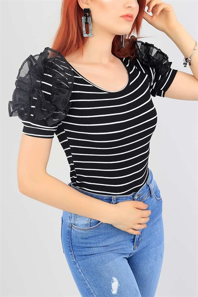 Fırfırlı Omuz Detay Siyah Tasarım Bluz 37953