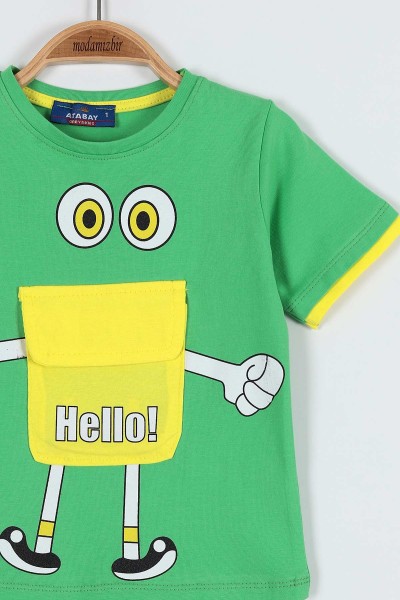 Fıstık Yeşili (0-4 Yaş) Hello Baskılı Cep Detaylı Erkek Bebe Tişört 185225