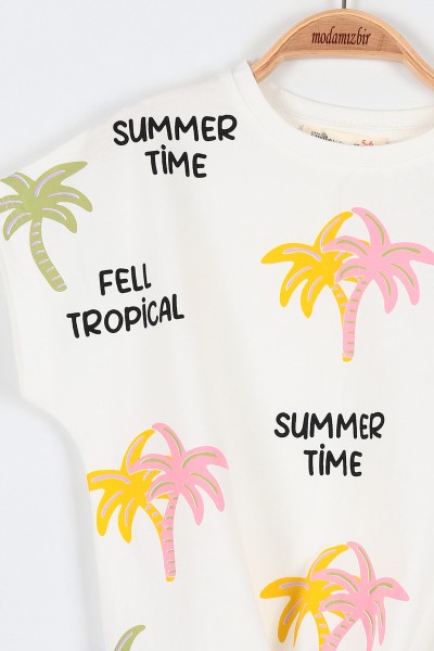 Fıstık Yeşili (6-9 Yaş) Palmiye Summer Time Baskılı Şortlu Önden Bağlamalı Kız Çocuk Takım 192425