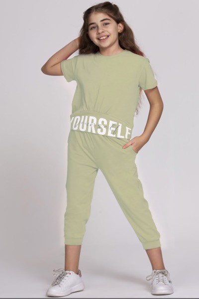Fıstık Yeşili (6-9 Yaş) Yourself Baskılı Kavis Detaylı Kız Çocuk Takım 192439