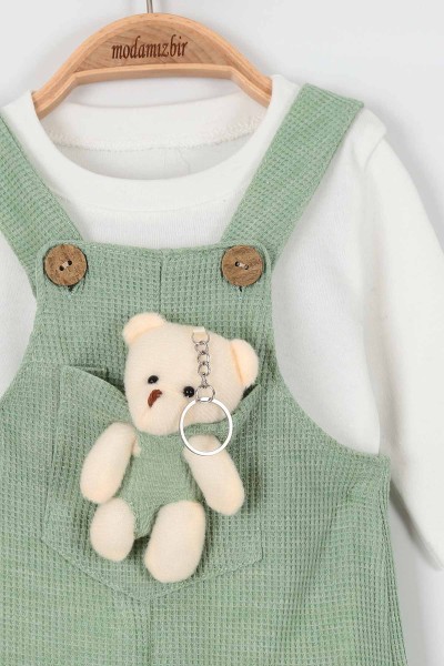 Fıstık Yeşili (9-24 Ay) Ayı Oyuncaklı Cep Düğme Detaylı Erkek Bebe Takım 198382
