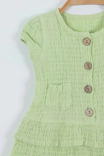 Fıstık Yeşili (9-24 Ay) Düğmeli Cepli Kat Kat Etekli Kız Bebek Elbise 263876