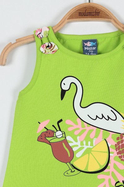 Fıstık Yeşili (9-24 Ay) Flamingo Çiçek Baskılı Omuz Fiyonk Detaylı Şortlu Kız Bebe Takım 182601