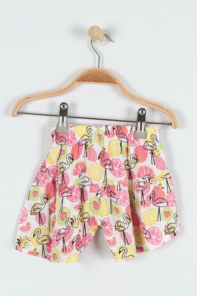 Fıstık Yeşili (9-24 Ay) Flamingo Çiçek Baskılı Omuz Fiyonk Detaylı Şortlu Kız Bebe Takım 182601