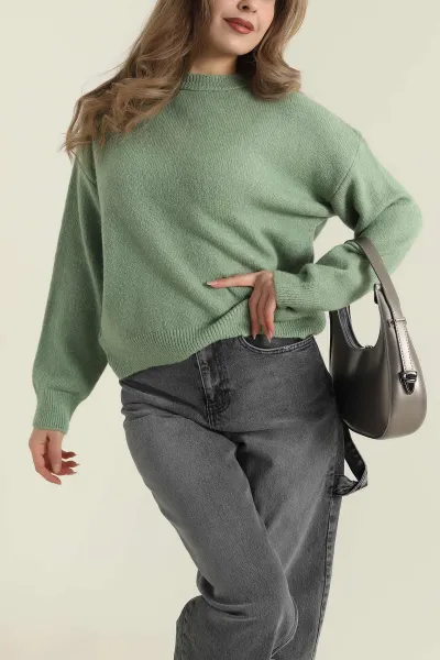 Fıstık Yeşili Bisiklet Yaka Oversize Kadın Triko Kazak 421233