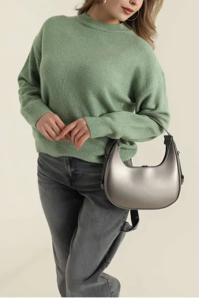 Fıstık Yeşili Bisiklet Yaka Oversize Kadın Triko Kazak 421233