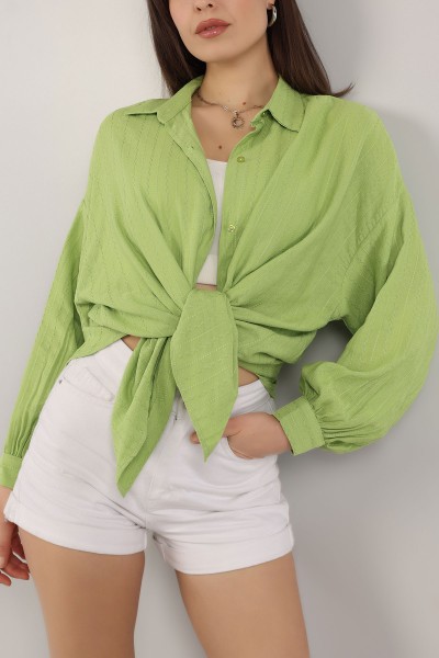 Fıstık Yeşili Keten Dokuma Tasarım Gömlek Tunik 156463