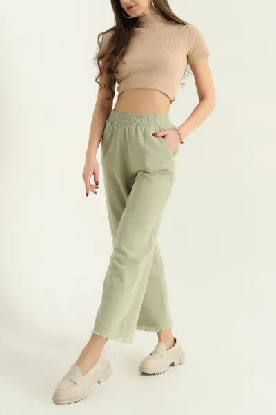 Fıstık Yeşili Lazer Kesim Bel Lastikli Bayan Gabardin Pantolon 332713
