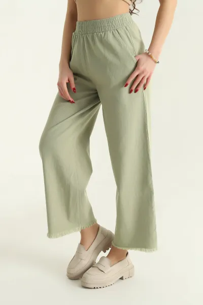 Fıstık Yeşili Lazer Kesim Bel Lastikli Bayan Gabardin Pantolon 332713