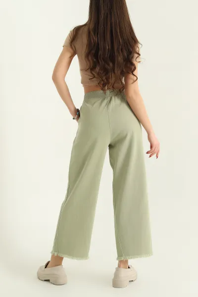 Fıstık Yeşili Lazer Kesim Bel Lastikli Bayan Gabardin Pantolon 332713