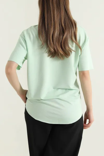 Fıstık Yeşili Oval Kesim Modal Kadın Tişört 433252