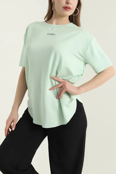 Fıstık Yeşili Oval Kesim Modal Kadın Tişört 433252